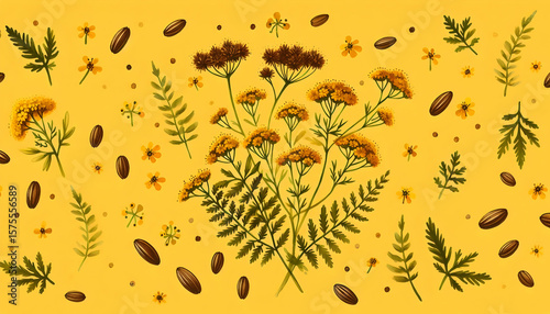 Herbal Botanical Wallpaper with Tansy and Anise Spices.
Vintage Herb and Spice Pattern for Kitchen Backgrounds.
Natural Green and Yellow Botanical Seamless Pattern Design.
