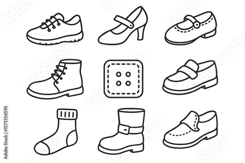 Set of simple line drawings of various footwear and a button
