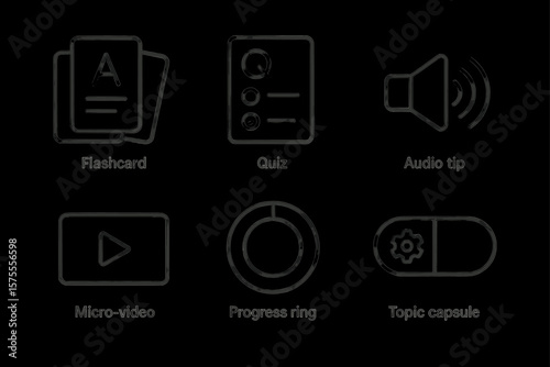 Educational icons: flashcard, quiz, audio, video, progress, capsule