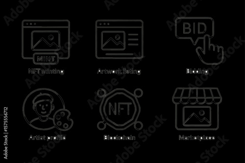 Digital art icons for nft minting, listing, bidding, and blockchain marketplace