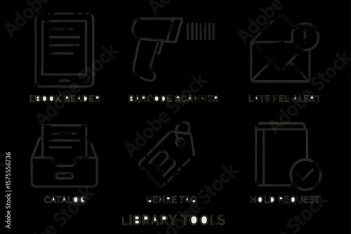Library tools icons: ebook reader, barcode scanner, late fee alert