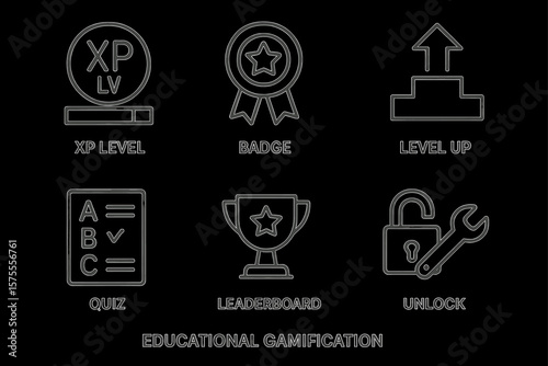 Icons for educational gamification: xp level, badge, level up, quiz, leaderboard, unlock