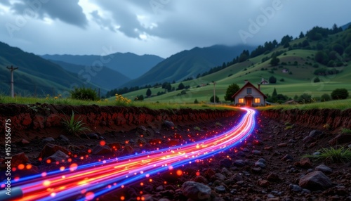 cross section of fiber optic cables in rural mountainous area, glowing light pulses traveling beneath soil, connecting isolated homes to high speed internet.