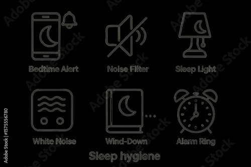 Sleep hygiene icons: bedtime alert, noise filter, sleep light, white noise, wind-down