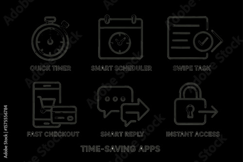 Icons depicting quick timer, smart scheduler, swipe task, fast checkout, smart reply, and instant access