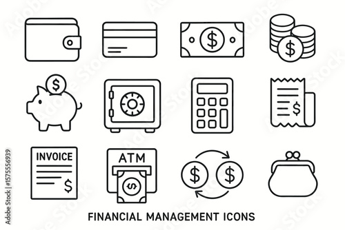 Financial management icons: wallet, safe, calculator, atm, invoice, piggy bank