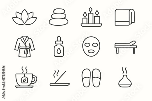 Spa essentials icons including candles, lotus, stones, face mask, and aromatherapy