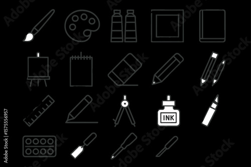 Art tools collection: brushes, paints, canvas, sketchbook, ruler, ink, pencil set