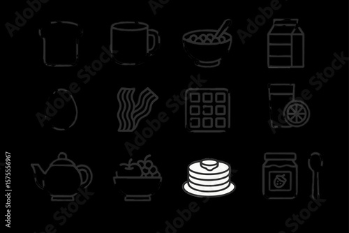Breakfast icons: pancakes, eggs, waffles, milk, tea, and more