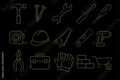 Outline of construction tools icon set: hammer, wrench, screwdriver, saw, helmet