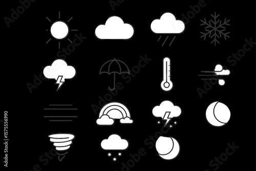 Weather icons set: sunshine, clouds, rain, snow, storm, wind, rainbow, tornado, moon phases
