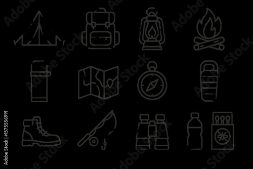 Camping equipment icons: tent, backpack, lantern, campfire, and more