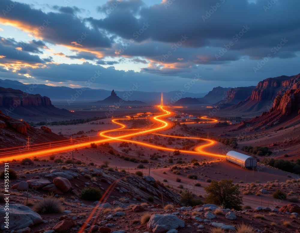 Fototapeta premium fiber optic cables crossing rugged desert landscape to connect isolated villages, glowing light pulses transmitting internet data, photorealistic arid environment.