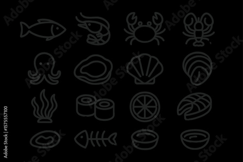 Seafood icons collection: fish, shrimp, crab, octopus, oyster, sushi, seaweed, shell