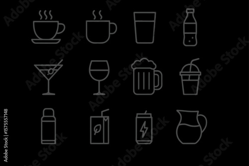Collection of drink icons including coffee, water, soda, and alcoholic beverages