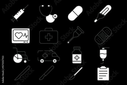 Medical icons collection: stethoscope, syringe, pills, thermometer, first aid kit, ambulance
