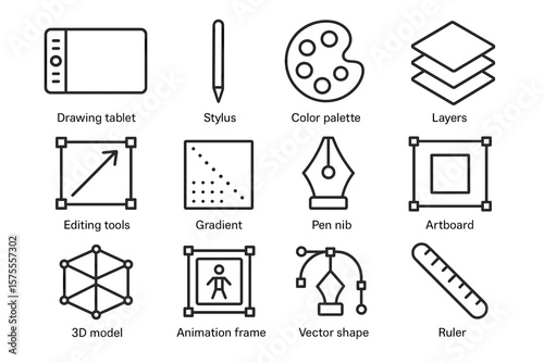 Digital art tools and icons: drawing tablet, stylus, color palette, layers, and more