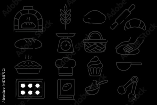 Outline icons of baking tools and breads on black background
