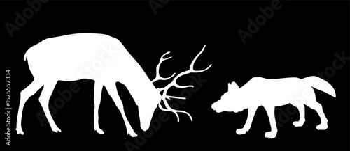 Deer against wolf vector silhouette illustration isolated. Angry beast danger attack animal battle for life. Strong powerful elk buck fight VS alpha wolf. Wildlife survival conflict instinct for prey.