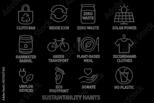 Sustainability habits: cloth bag, zero waste, solar power, green transport, no plastic