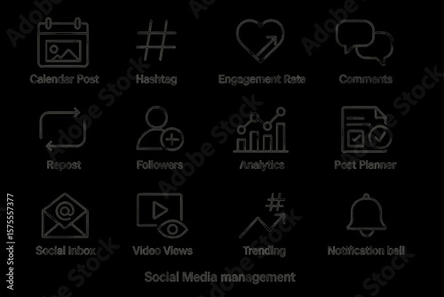 Icons for social media management: calendar, hashtag, comments, analytics, notification bell