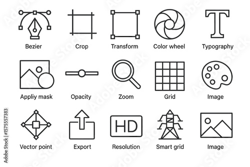 Set of 16 minimalist design icons for graphic and image editing tools
