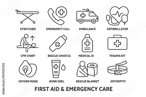 Essential first aid and emergency care icons including stretcher, ambulance, cpr, and medical supplies