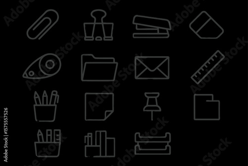 Collection of office supplies icons: paperclip, stapler, ruler, envelope, folder, eraser