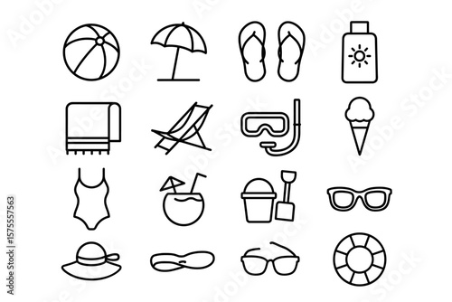 Summer beach essentials line icons: umbrella, flip-flops, sunglasses, and more