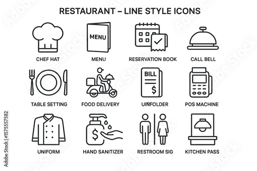 Restaurant line style icons: chef hat, menu, reservation book, call bell, pos machine