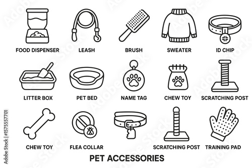 Pet accessories icons: food dispenser, leash, brush, sweater, id chip, litter box, bed