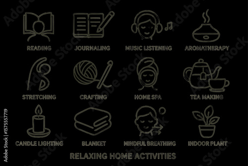 Icons depicting relaxing home activities for wellbeing and mindfulness