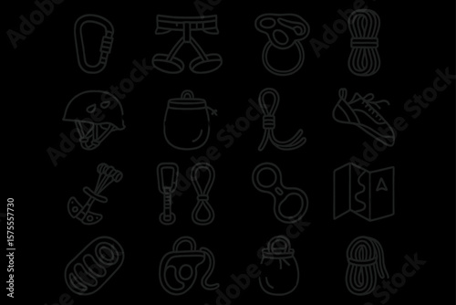 Rock climbing gear icons set: helmet, carabiner, rope, harness, climbing shoes