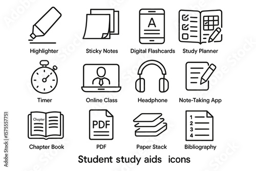 Student study aids icons featuring highlighter, planner, headphones, and pdf resources