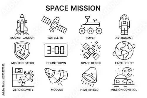 Icons of space exploration: rocket, satellite, rover, astronaut, earth