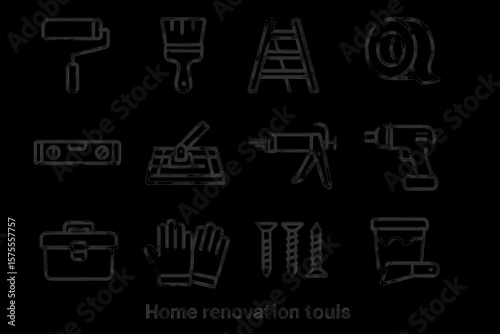 Home renovation tools set: roller, drill, ladder, paintbrush, toolbox, screws, gloves