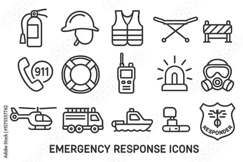 Emergency response icons collection featuring equipment and vehicles