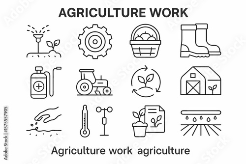 Agriculture work icons: farming tools, growth, and sustainability symbols
