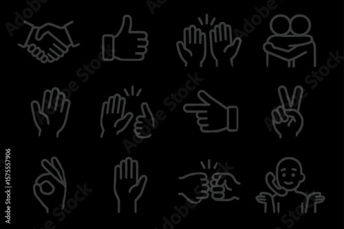 Hand gesture icons: thumbs up, peace, ok, high five, pointing, handshake, hug