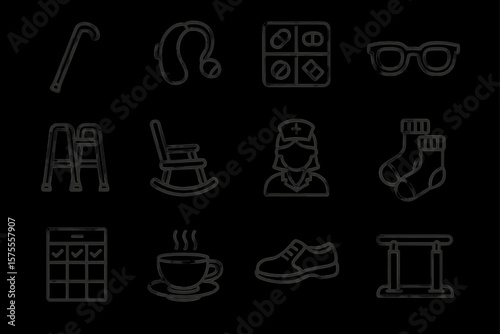 Elderly care icons: walkers, hearing aids, medicine, glasses, rocking chair, nurse, socks, calendar, coffee, shoes, railing