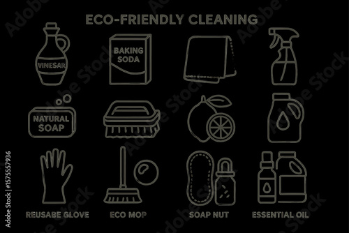 Eco-friendly cleaning supplies: vinegar, baking soda, natural soap, and essential oil icons