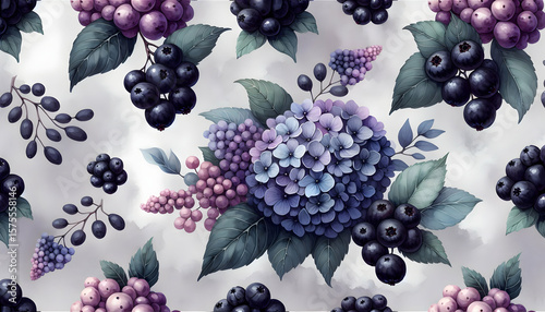 Wallpaper Mural Lush Hydrangea and Grape Seamless Pattern Wallpaper.
Elegant Purple Floral and Fruit Botanical Background.
Sophisticated Vintage-Style Mural with Berries and Flowers.
 Torontodigital.ca