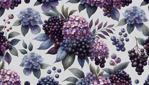 Wallpaper Mural Lush Hydrangea and Grape Seamless Pattern Wallpaper.
Elegant Purple Floral and Fruit Botanical Background.
Sophisticated Vintage-Style Mural with Berries and Flowers.
 Torontodigital.ca