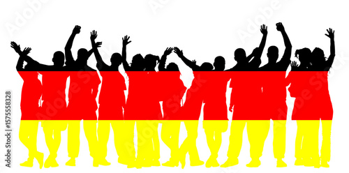 Germany flag over happy people waving hands vector silhouette illustration isolated. Boys girls tourists hand wave saying hi to host. Send off friends goodbye and come again. Family bye bye journey.