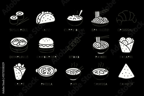 Assorted global cuisine icons: sushi, taco, curry, and more