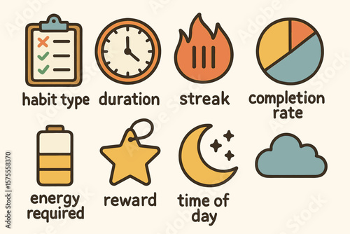 Habit tracking icons: checklists, clocks, progress, rates, energy, rewards, time, weather