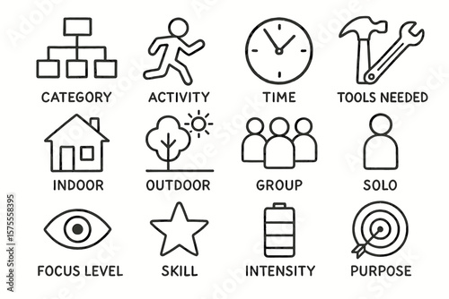 Activity planning icons: time, tools, indoor, outdoor, group, solo