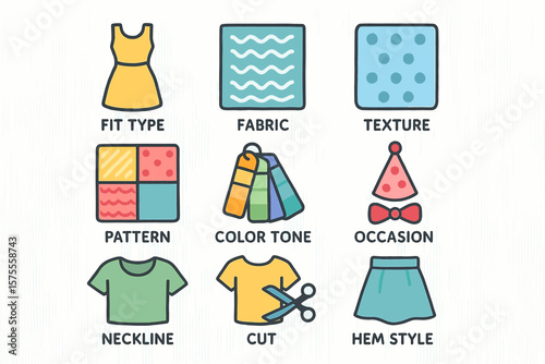 Fashion design elements: fit, fabric, texture, pattern, color tone, occasion, neckline, cut, hem style