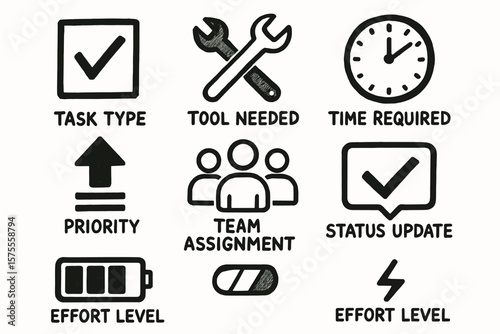 Task management icons: tools, time, team assignment, and effort levels