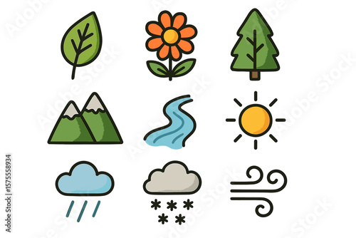 Collection of simple nature icons featuring weather and environmental elements